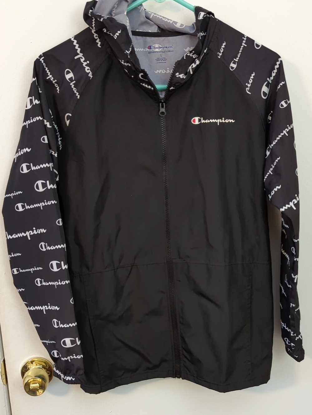 Champion Boy's Black Logo Script-Print Windbreaker with Hood
